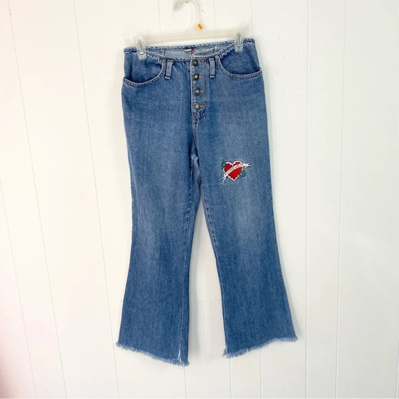 Vintage Second Generation Raw Hem Denim Jeans Size 28” Waist Embroidered Heart - Picture 1 of 14